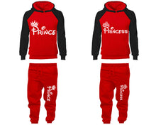 Load image into Gallery viewer, Prince Princess matching top and bottom set, Black Red raglan hoodie and sweatpants sets for mens, raglan hoodie and jogger set womens. Matching couple joggers.
