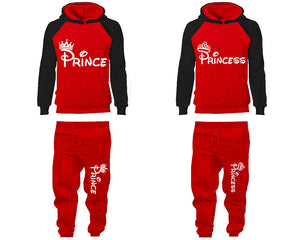 Prince Princess matching top and bottom set, Black Red raglan hoodie and sweatpants sets for mens, raglan hoodie and jogger set womens. Matching couple joggers.