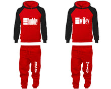 이미지를 갤러리 뷰어에 로드 , Hubby and Wifey matching top and bottom set, Black Red raglan hoodie and sweatpants sets for mens, raglan hoodie and jogger set womens. Matching couple joggers.
