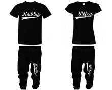 將圖片載入圖庫檢視器 Hubby Wifey shirts, matching top and bottom set, Black t shirts, men joggers, shirt and jogger pants women. Matching couple joggers
