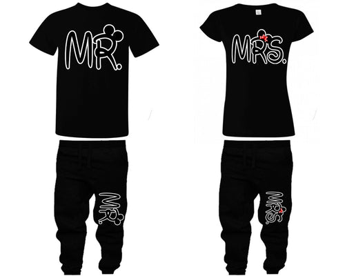 Mr Mrs shirts, matching top and bottom set, Black t shirts, men joggers, shirt and jogger pants women. Matching couple joggers