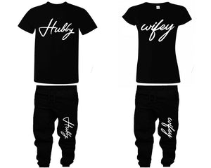 Hubby Wifey shirts, matching top and bottom set, Black t shirts, men joggers, shirt and jogger pants women. Matching couple joggers