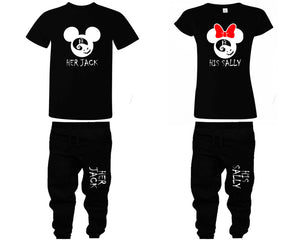 Her Jack and His Sally shirts and jogger pants, matching top and bottom set, Black t shirts, men joggers, shirt and jogger pants women. Matching couple joggers