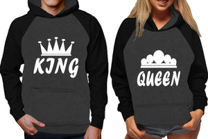 King and Queen raglan hoodies, Matching couple hoodies, Black Charcoal his and hers man and woman contrast raglan hoodies