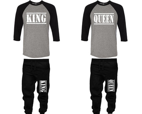 King and Queen baseball shirts, matching top and bottom set, Black Grey Black baseball shirts, men joggers, shirt and jogger pants women. Matching couple joggers