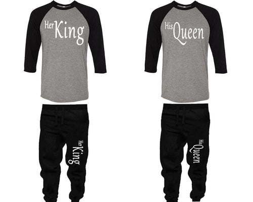 Her King and His Queen baseball shirts, matching top and bottom set, Black Grey Black baseball shirts, men joggers, shirt and jogger pants women. Matching couple joggers