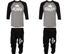 Load image into Gallery viewer, King and Queen baseball shirts, matching top and bottom set, Black Grey Black baseball shirts, men joggers, shirt and jogger pants women. Matching couple joggers
