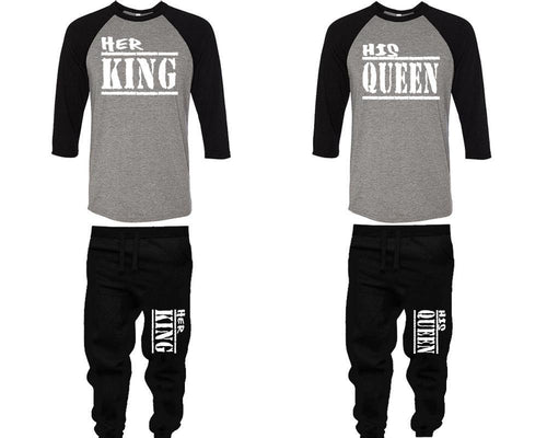 Her King and His Queen baseball shirts, matching top and bottom set, Black Grey Black baseball shirts, men joggers, shirt and jogger pants women. Matching couple joggers