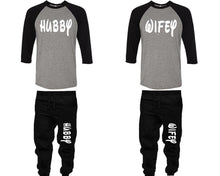 Load image into Gallery viewer, Hubby and Wifey baseball shirts, matching top and bottom set, Black Grey Black baseball shirts, men joggers, shirt and jogger pants women. Matching couple joggers
