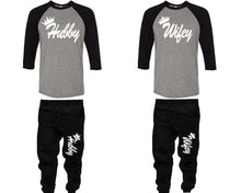 Load image into Gallery viewer, Hubby and Wifey baseball shirts, matching top and bottom set, Black Grey Black baseball shirts, men joggers, shirt and jogger pants women. Matching couple joggers
