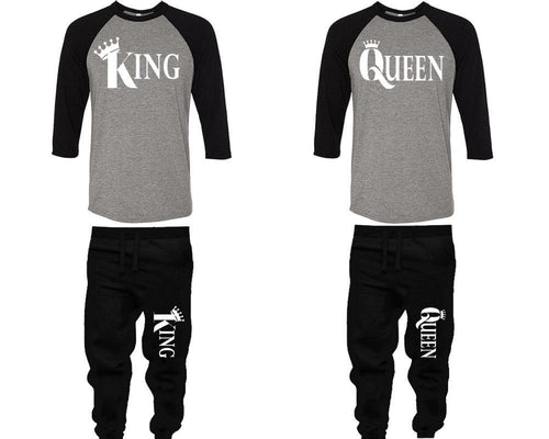 King and Queen baseball shirts, matching top and bottom set, Black Grey Black baseball shirts, men joggers, shirt and jogger pants women. Matching couple joggers