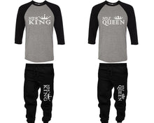 Charger l&#39;image dans la galerie, Her King and His Queen baseball shirts, matching top and bottom set, Black Grey Black baseball shirts, men joggers, shirt and jogger pants women. Matching couple joggers

