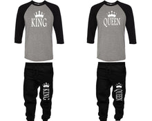 Charger l&#39;image dans la galerie, King and Queen baseball shirts, matching top and bottom set, Black Grey Black baseball shirts, men joggers, shirt and jogger pants women. Matching couple joggers
