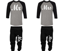 Load image into Gallery viewer, Mr and Mrs baseball shirts, matching top and bottom set, Black Grey Black baseball shirts, men joggers, shirt and jogger pants women. Matching couple joggers
