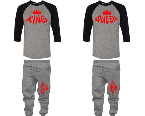 King and Queen baseball shirts, matching top and bottom set, Black Grey Grey baseball shirts, men joggers, shirt and jogger pants women. Matching couple joggers