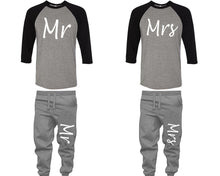 Load image into Gallery viewer, Mr and Mrs baseball shirts, matching top and bottom set, Black Grey Grey baseball shirts, men joggers, shirt and jogger pants women. Matching couple joggers
