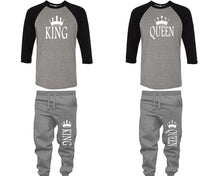 Charger l&#39;image dans la galerie, King and Queen baseball shirts, matching top and bottom set, Black Grey Grey baseball shirts, men joggers, shirt and jogger pants women. Matching couple joggers

