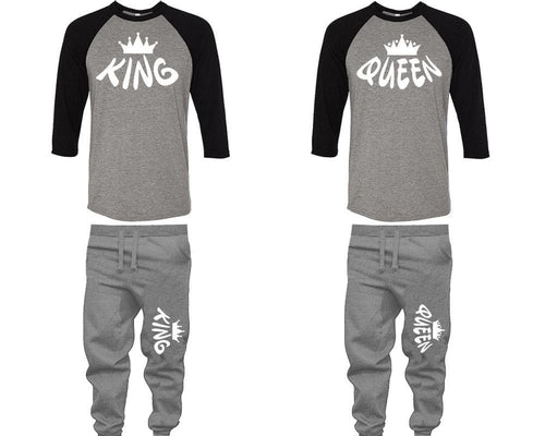 King and Queen baseball shirts, matching top and bottom set, Black Grey Grey baseball shirts, men joggers, shirt and jogger pants women. Matching couple joggers