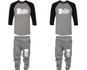 Hubby and Wifey baseball shirts, matching top and bottom set, Black Grey Grey baseball shirts, men joggers, shirt and jogger pants women. Matching couple joggers