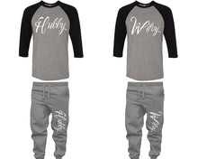 Charger l&#39;image dans la galerie, Hubby and Wifey baseball shirts, matching top and bottom set, Black Grey Grey baseball shirts, men joggers, shirt and jogger pants women. Matching couple joggers
