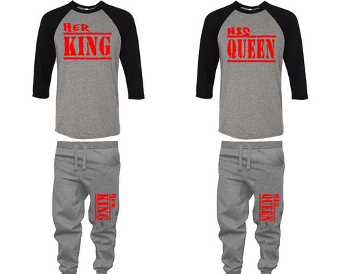 Her King and His Queen baseball shirts, matching top and bottom set, Black Grey Grey baseball shirts, men joggers, shirt and jogger pants women. Matching couple joggers