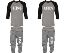 Load image into Gallery viewer, King and Queen baseball shirts, matching top and bottom set, Black Grey Grey baseball shirts, men joggers, shirt and jogger pants women. Matching couple joggers
