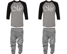 Load image into Gallery viewer, Mr and Mrs baseball shirts, matching top and bottom set, Black Grey Grey baseball shirts, men joggers, shirt and jogger pants women. Matching couple joggers
