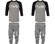 Load image into Gallery viewer, Hubby and Wifey baseball shirts, matching top and bottom set, Black Grey Grey baseball shirts, men joggers, shirt and jogger pants women. Matching couple joggers

