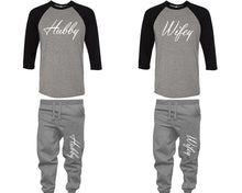 Cargar imagen en el visor de la galería, Hubby and Wifey baseball shirts, matching top and bottom set, Black Grey Grey baseball shirts, men joggers, shirt and jogger pants women. Matching couple joggers
