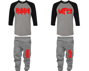 Hubby and Wifey baseball shirts, matching top and bottom set, Black Grey Grey baseball shirts, men joggers, shirt and jogger pants women. Matching couple joggers