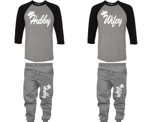 Hubby and Wifey baseball shirts, matching top and bottom set, Black Grey Grey baseball shirts, men joggers, shirt and jogger pants women. Matching couple joggers