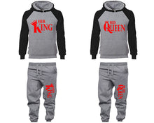 Load image into Gallery viewer, Her King and His Queen matching top and bottom set, Black Grey raglan hoodie and sweatpants sets for mens, raglan hoodie and jogger set womens. Matching couple joggers.
