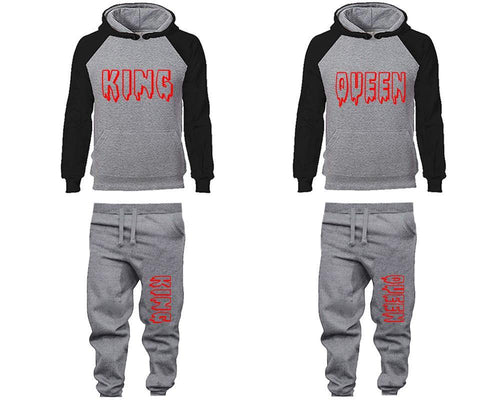 King and Queen matching top and bottom set, Black Grey raglan hoodie and sweatpants sets for mens, raglan hoodie and jogger set womens. Matching couple joggers.