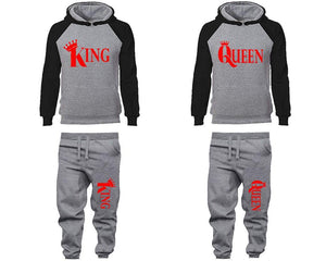 King and Queen matching top and bottom set, Black Grey raglan hoodie and sweatpants sets for mens, raglan hoodie and jogger set womens. Matching couple joggers.