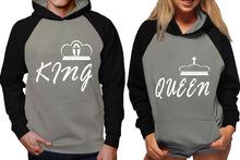 Load image into Gallery viewer, King and Queen raglan hoodies, Matching couple hoodies, Black Grey his and hers man and woman contrast raglan hoodies

