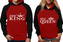 Load image into Gallery viewer, Her King and His Queen raglan hoodies, Matching couple hoodies, Black Maroon his and hers man and woman contrast raglan hoodies
