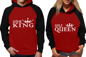 Her King and His Queen raglan hoodies, Matching couple hoodies, Black Maroon his and hers man and woman contrast raglan hoodies