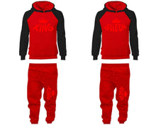 Load image into Gallery viewer, King and Queen matching top and bottom set, Black Red raglan hoodie and sweatpants sets for mens, raglan hoodie and jogger set womens. Matching couple joggers.
