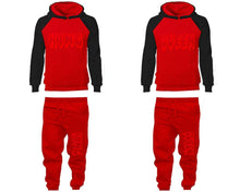 Load image into Gallery viewer, King and Queen matching top and bottom set, Black Red raglan hoodie and sweatpants sets for mens, raglan hoodie and jogger set womens. Matching couple joggers.
