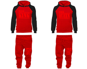 Her King and His Queen matching top and bottom set, Black Red raglan hoodie and sweatpants sets for mens, raglan hoodie and jogger set womens. Matching couple joggers.