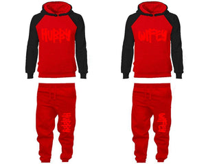 Hubby and Wifey matching top and bottom set, Black Red raglan hoodie and sweatpants sets for mens, raglan hoodie and jogger set womens. Matching couple joggers.