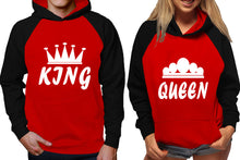 將圖片載入圖庫檢視器 King and Queen raglan hoodies, Matching couple hoodies, Black Red his and hers man and woman contrast raglan hoodies
