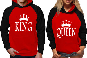 King and Queen raglan hoodies, Matching couple hoodies, Black Red his and hers man and woman contrast raglan hoodies