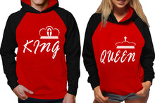 Load image into Gallery viewer, King and Queen raglan hoodies, Matching couple hoodies, Black Red his and hers man and woman contrast raglan hoodies
