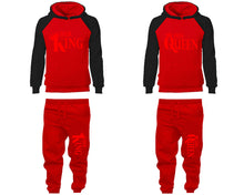 Charger l&#39;image dans la galerie, Her King and His Queen matching top and bottom set, Black Red raglan hoodie and sweatpants sets for mens, raglan hoodie and jogger set womens. Matching couple joggers.
