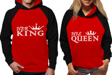 Load image into Gallery viewer, Her King and His Queen raglan hoodies, Matching couple hoodies, Black Red his and hers man and woman contrast raglan hoodies
