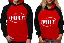 Load image into Gallery viewer, Hubby and Wifey raglan hoodies, Matching couple hoodies, Black Red his and hers man and woman contrast raglan hoodies

