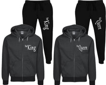Load image into Gallery viewer, Her King and His Queen speckle zipper hoodies, Matching couple hoodies, Black zip up hoodie for man, Black zip up hoodie womens, Black jogger pants for man and woman.
