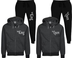 Her King and His Queen speckle zipper hoodies, Matching couple hoodies, Black zip up hoodie for man, Black zip up hoodie womens, Black jogger pants for man and woman.