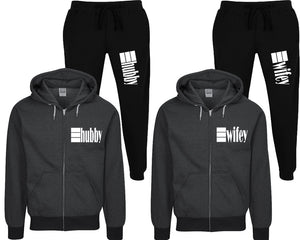 Hubby and Wifey speckle zipper hoodies, Matching couple hoodies, Black zip up hoodie for man, Black zip up hoodie womens, Black jogger pants for man and woman.